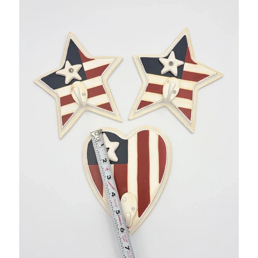Vintage Patriotic Wall Hooks Set 3 Star Heart American Flag 4th of July 2005